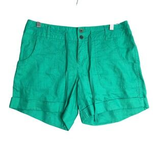 INC 100% Linen Shorts Womens 8 Green Teal Mid Rise Flap Pocket Tie Front‎